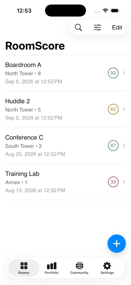 RoomScore rooms list with four rooms scored 93, 62, 87 and 33