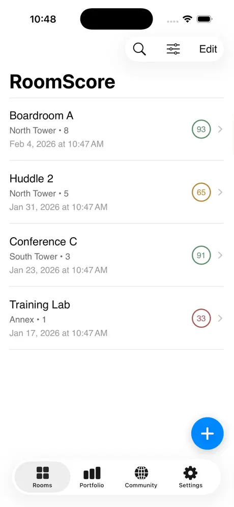 RoomScore room list showing multiple conference rooms with scores
