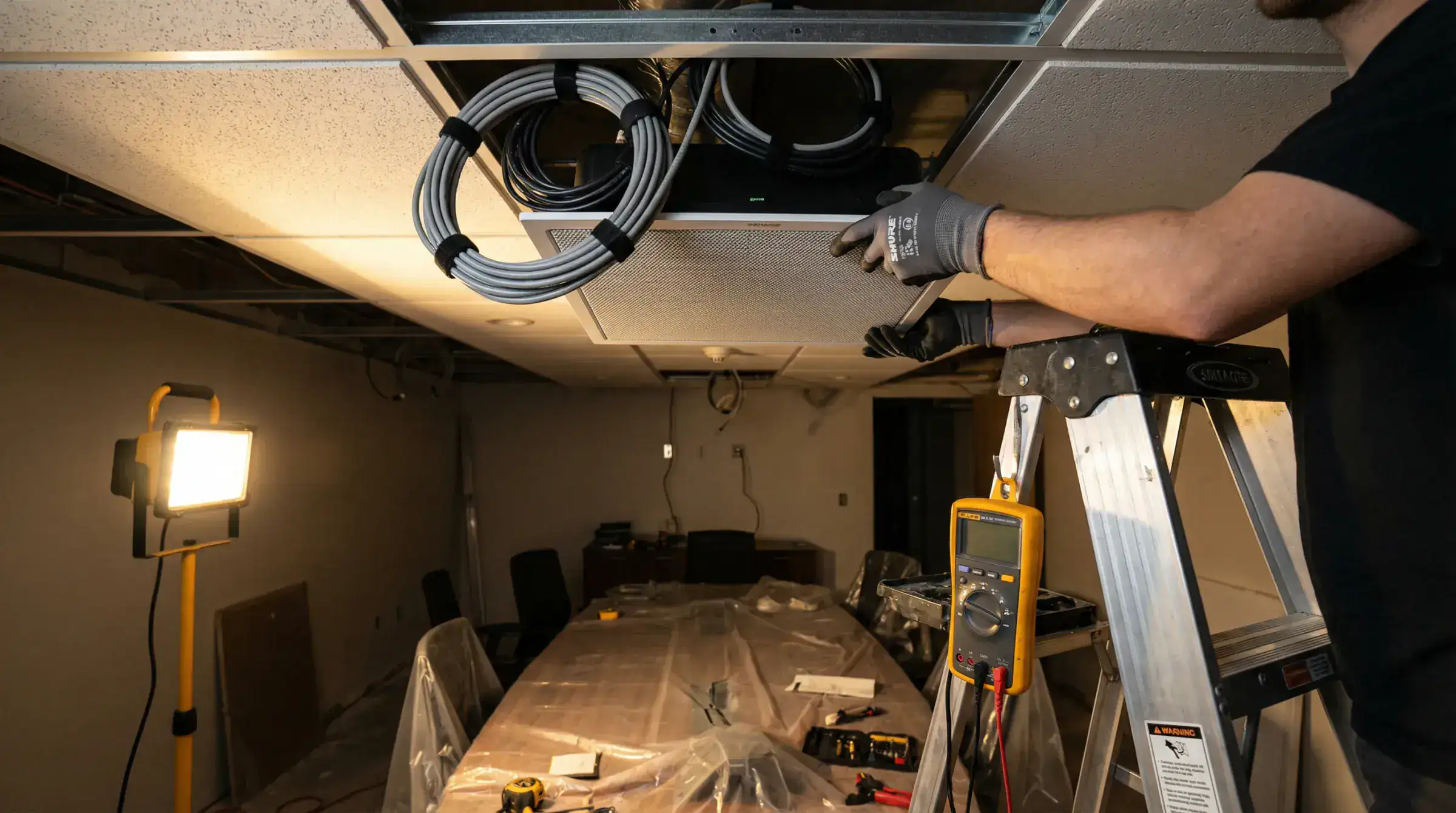 AV technician installing a ceiling microphone array